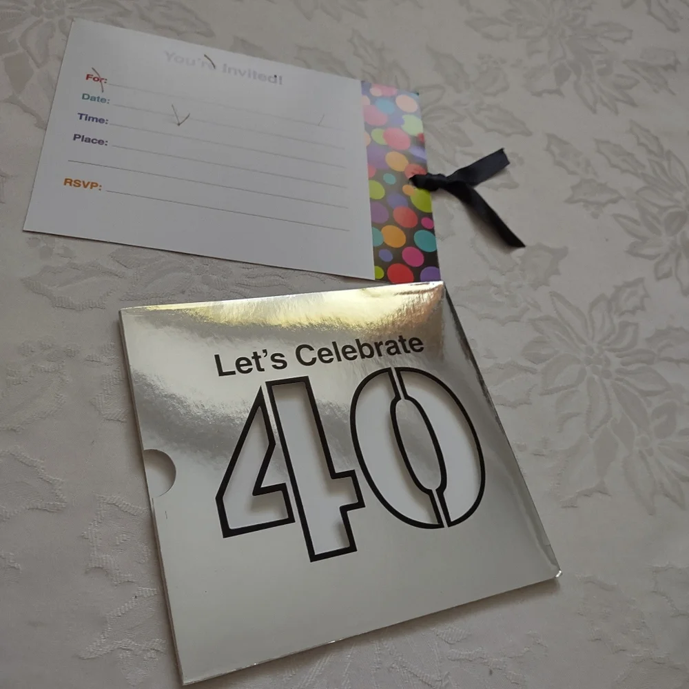 Celebrate 40th birthday large invitations silver card holder ribbon pull tab
